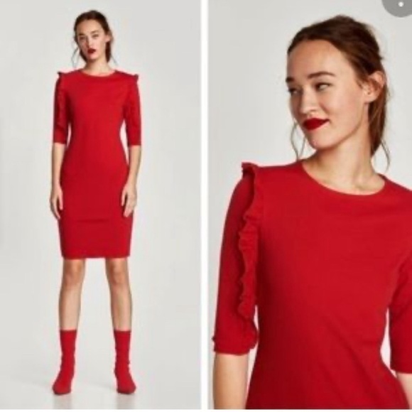 ZARA Trafaluc Ponte Di Roma Red Knit Dress with Shoulder Ruffle, Size M - Picture 1 of 6